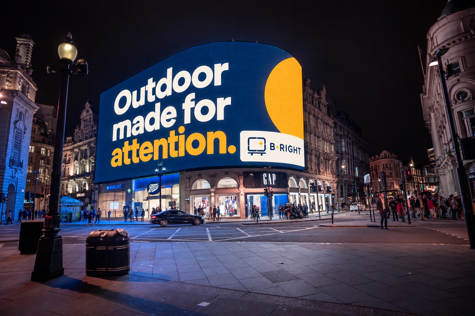 B•RIGHT creative mockup on a large curved digital screen at Piccadilly Circus