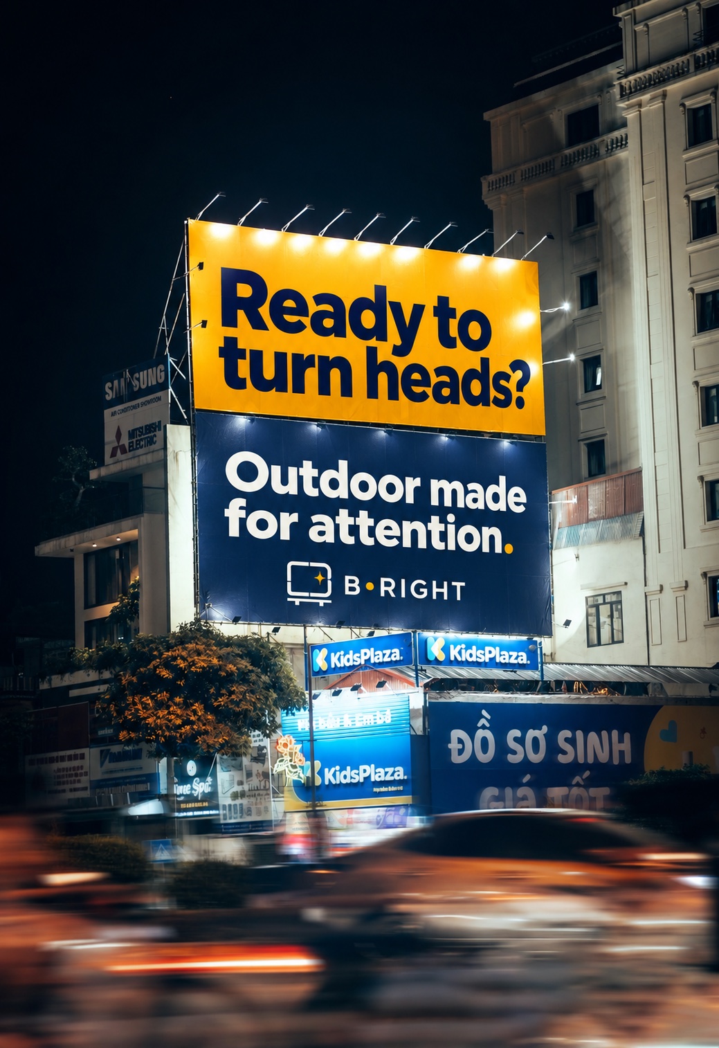 B•RIGHT roadside billboard mockup with Ready to turn heads creative