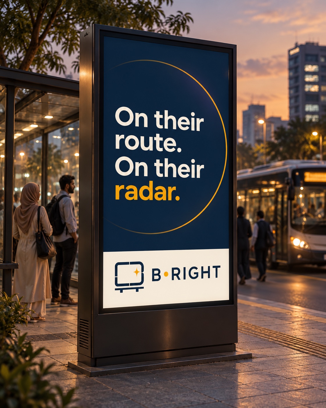 B•RIGHT street-level digital panel concept beside a bus shelter